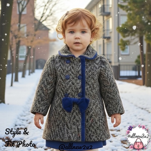 Doren Girl Vintage Coat Toddler Tweed Coat with Blue Velvet Accents Size 3 HP! - Picture 2 of 15